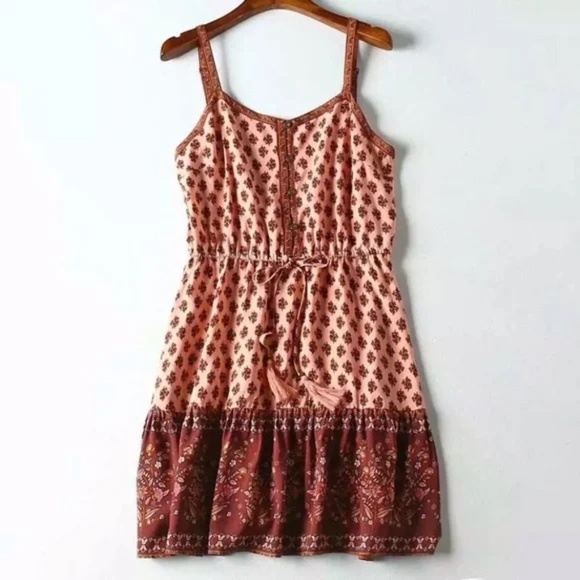 Pink & Maroon Floral Ornate Bohemian Gypsy Button Front Tank Summer Casual Dress - Picture 2 of 16
